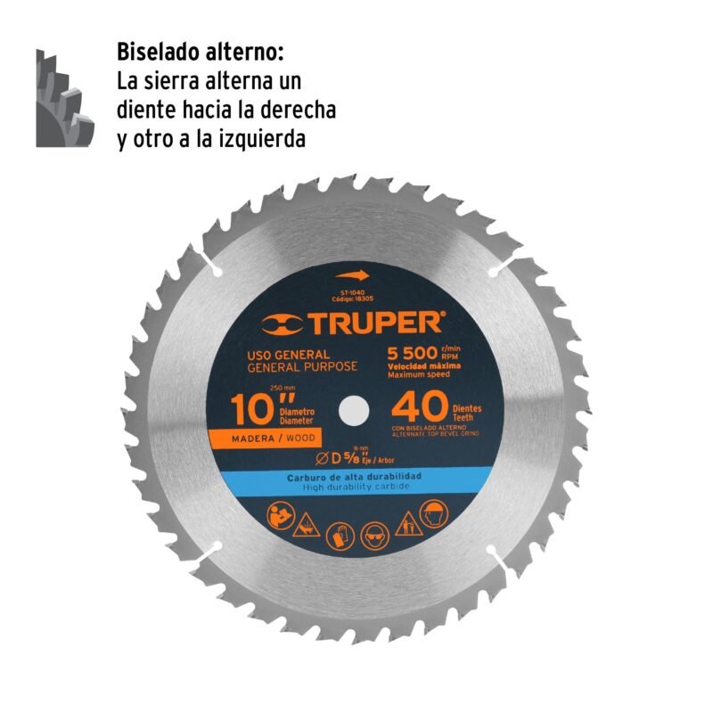 ST-1040FC1.jpg Código: 18305 Disco sierra 10' para madera, 40 dientes centro 5/8', Truper ST-1040