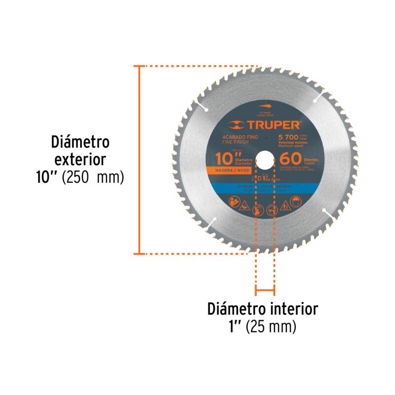 Código: 18308 Disco sierra 10' para madera, 60 dientes centro 1', Truper ST-1060E