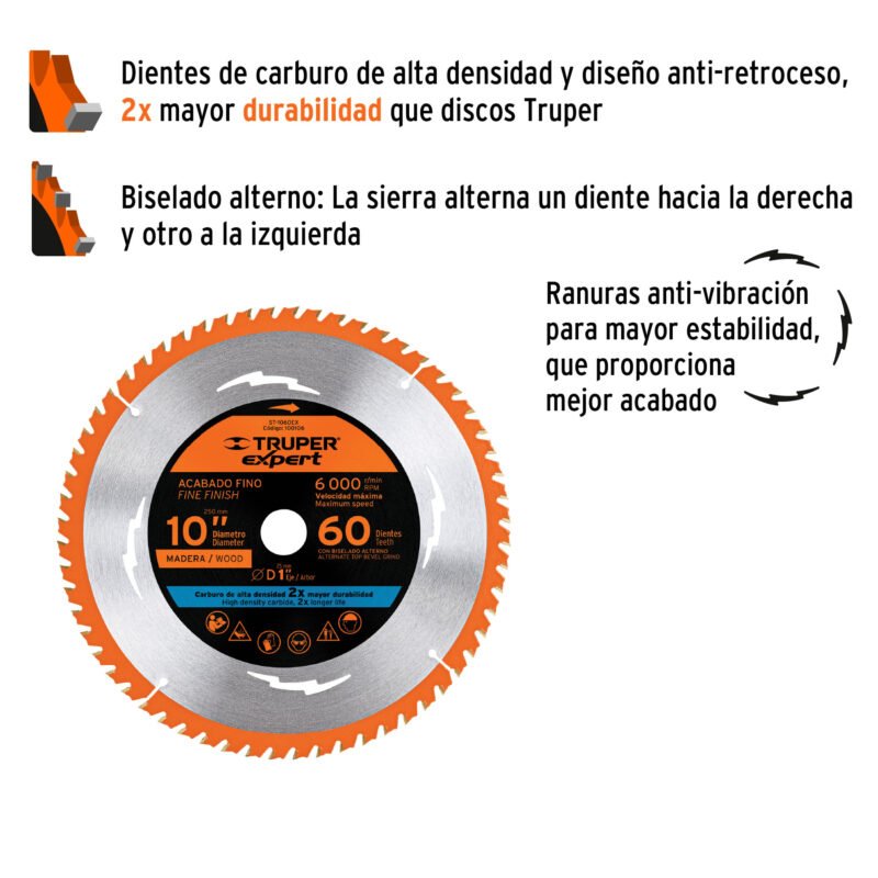 ST-1060EXFC1.jpg Código: 100106 Disco sierra 10' para madera, 60 dientes centro 1', Expert ST-1060EX