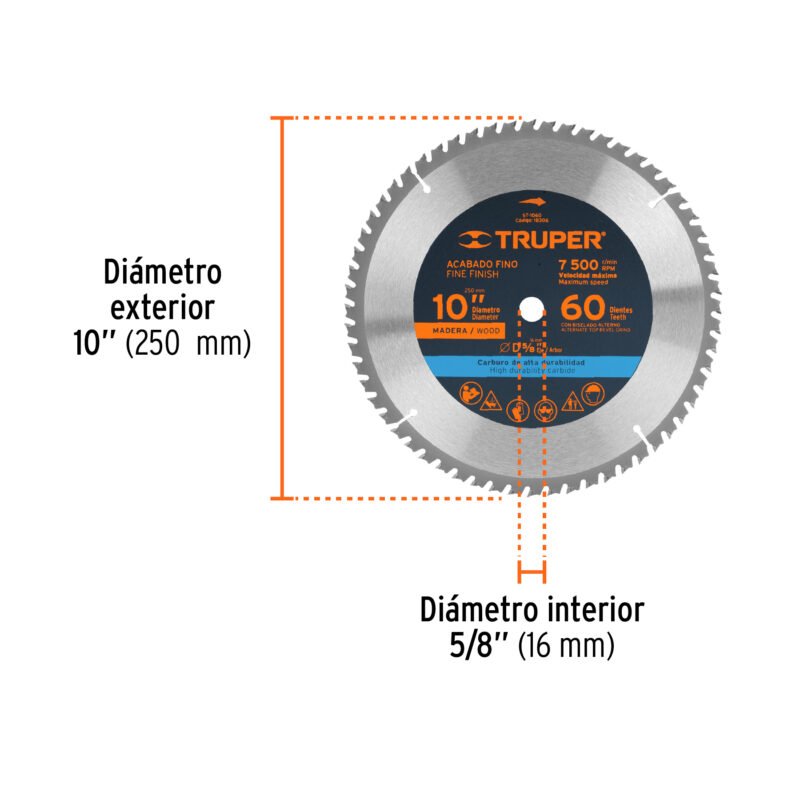 Código: 18306 Disco sierra 10' para madera, 60 dientes centro 5/8', Truper ST-1060