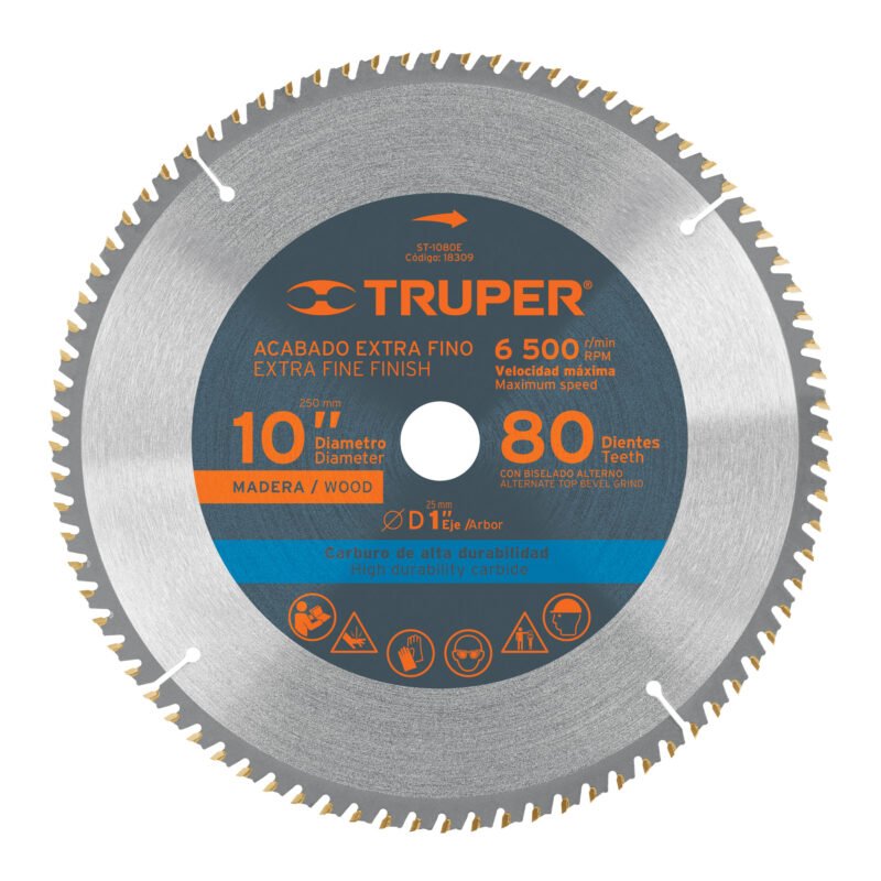 ST-1080E.jpg Código: 18309 Disco sierra 10' para madera, 80 dientes centro 1', Truper ST-1080E