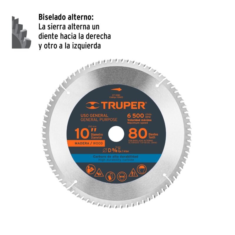 ST-1080FC1.jpg Código: 12683 Disco sierra 10' para madera, 80 dientes centro 5/8', Truper ST-1080