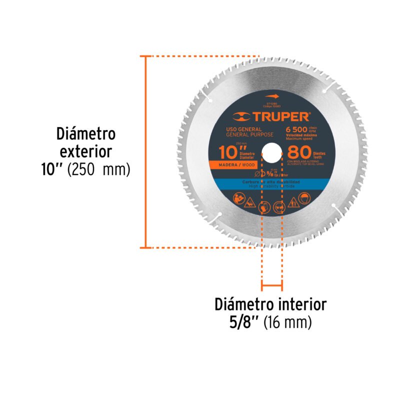 ST-1080FC2.jpg Código: 12683 Disco sierra 10' para madera, 80 dientes centro 5/8', Truper ST-1080