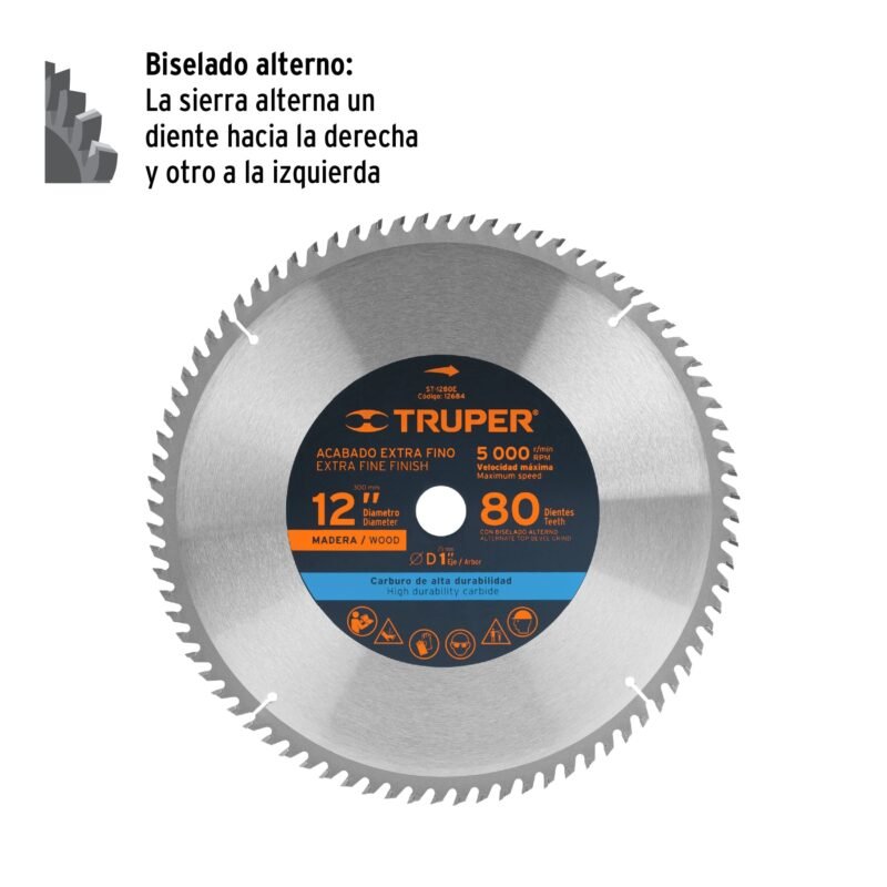 ST-1280EFC1.jpg Código: 12684 Disco sierra 12' para madera, 80 dientes centro 1', Truper ST-1280E