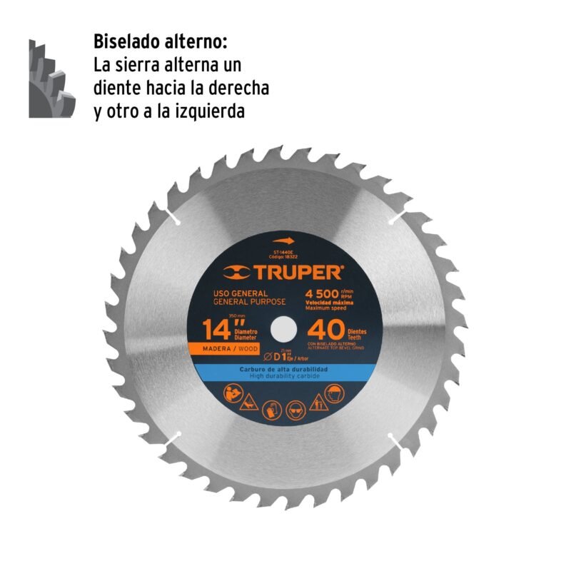 ST-1440EFC1.jpg Código: 18322 Disco sierra 14' para madera, 40 dientes centro 1', Truper ST-1440E