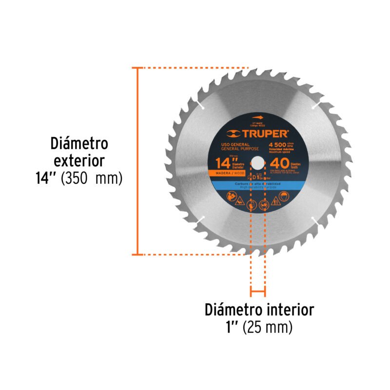 ST-1440EFC2.jpg Código: 18322 Disco sierra 14' para madera, 40 dientes centro 1', Truper ST-1440E