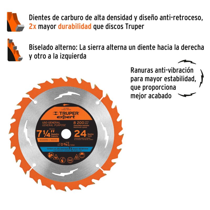 ST-724XFC1.jpg Código: 100103 Disco sierra 7-1/4' p/madera, 24 dientes centro 5/8', Expert ST-724X
