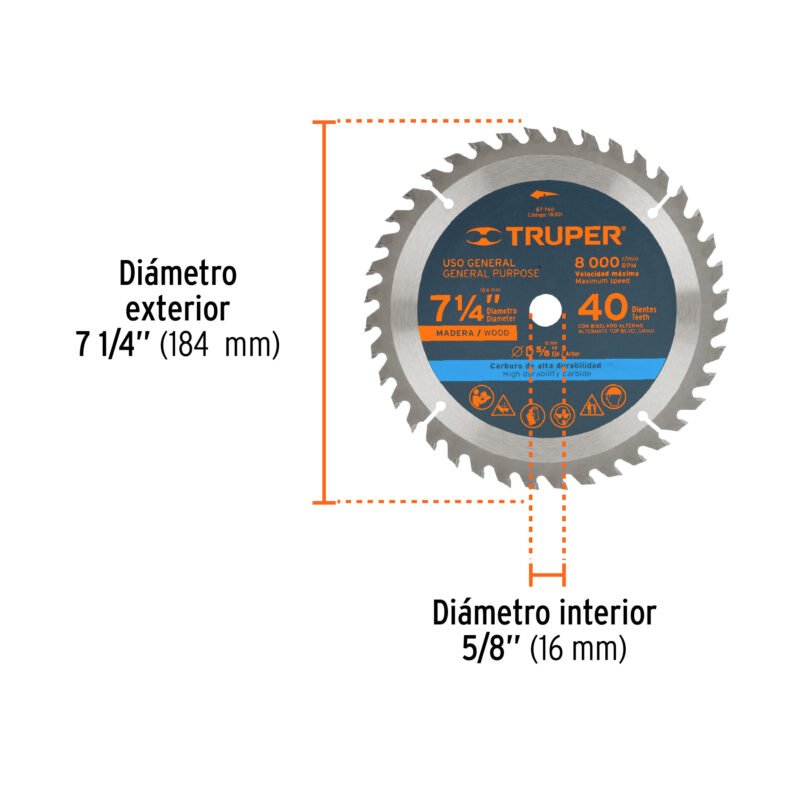 ST-740FC2.jpg Código: 18301 Disco sierra 7- 1/4' para madera, 40 dientes centro 5/8' ST-740