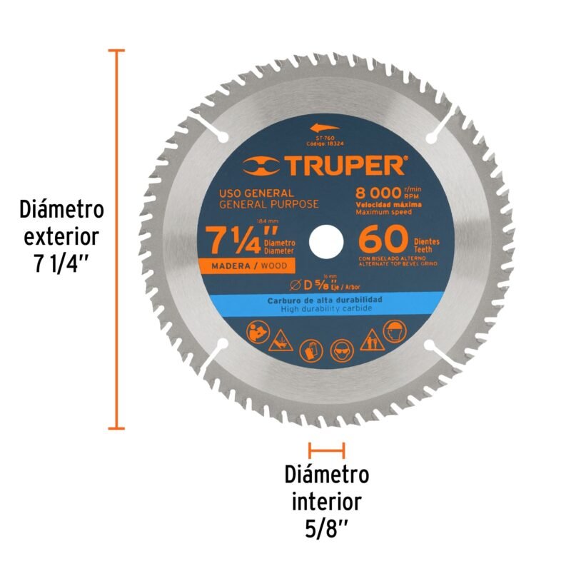 ST-760FC2.jpg Código: 18324 Disco sierra 7- 1/4' para madera, 60 dientes centro 5/8' ST-760
