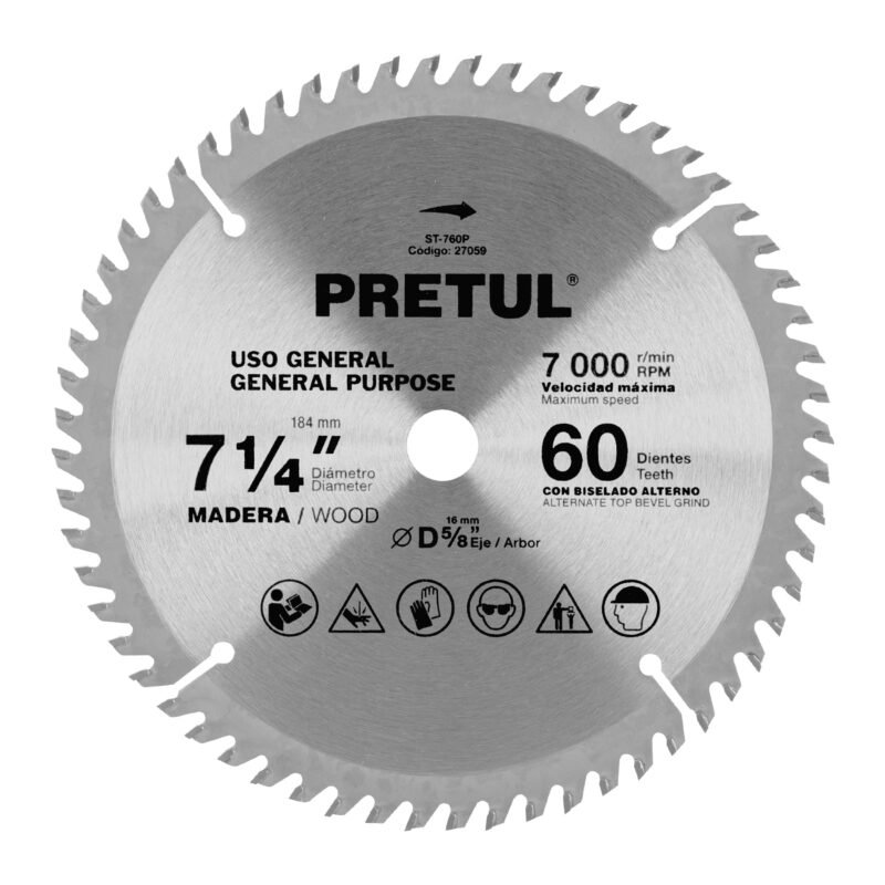 ST-760P.jpg Código: 27059 Disco sierra 7-1/4' p/madera, 60 dientes centro 5/8', Pretul ST-760P