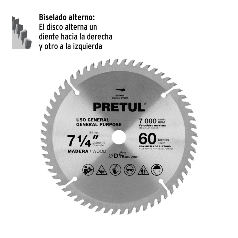 ST-760PFC1.jpg Código: 27059 Disco sierra 7-1/4' p/madera, 60 dientes centro 5/8', Pretul ST-760P