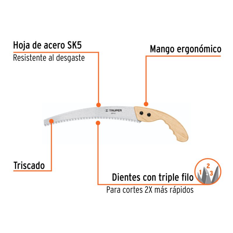 STP-12FC1.jpg Código: 18171 Serrucho de poda 12',hoja curva,6 DPP, mango madera, TRUPER STP-12