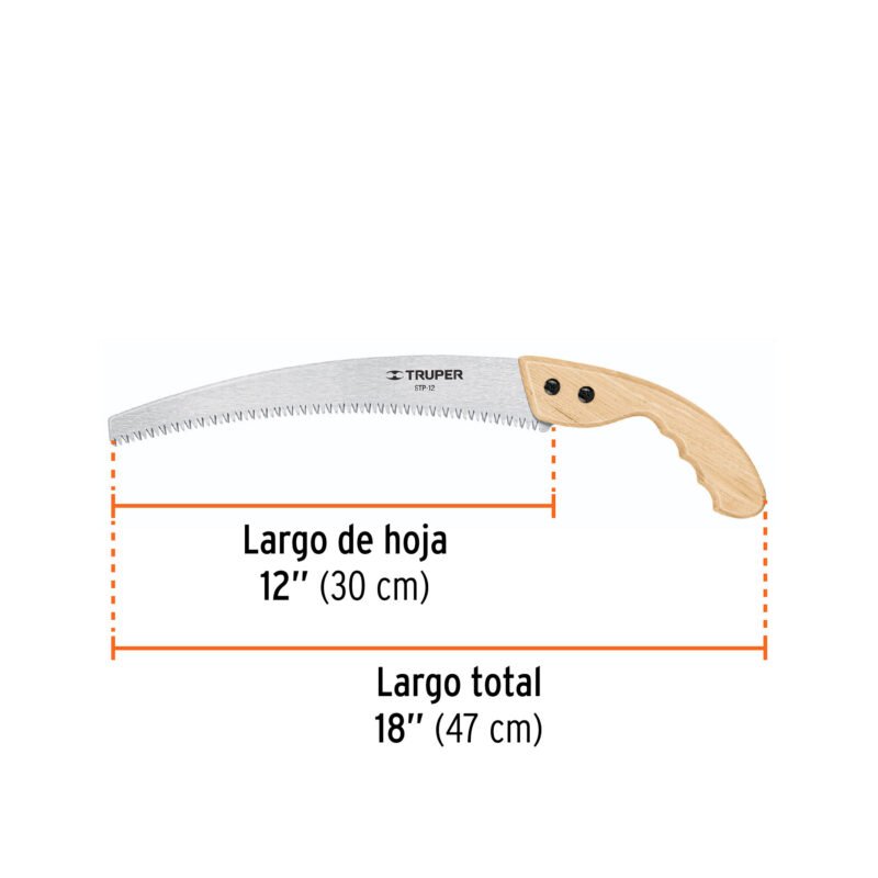 STP-12FC2.jpg Código: 18171 Serrucho de poda 12',hoja curva,6 DPP, mango madera, TRUPER STP-12