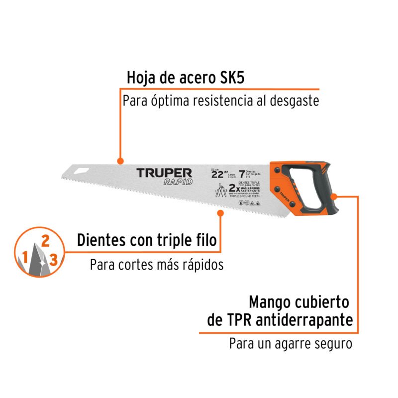 STR-22FC1.jpg Código: 101870 Serrucho Rapid 22', 7 DPP, mango Comfort grip, Truper STR-22