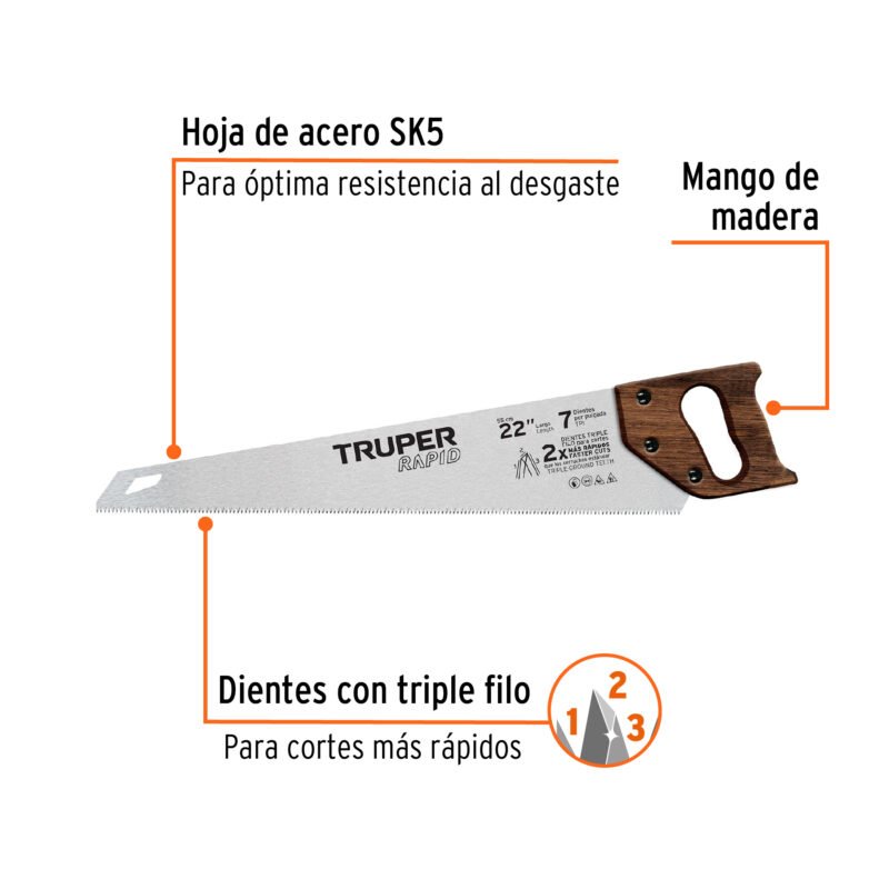 STR-22MFC1.jpg Código: 102952 Serrucho Rapid 22', 7 DPP, mango de madera, Truper STR-22M