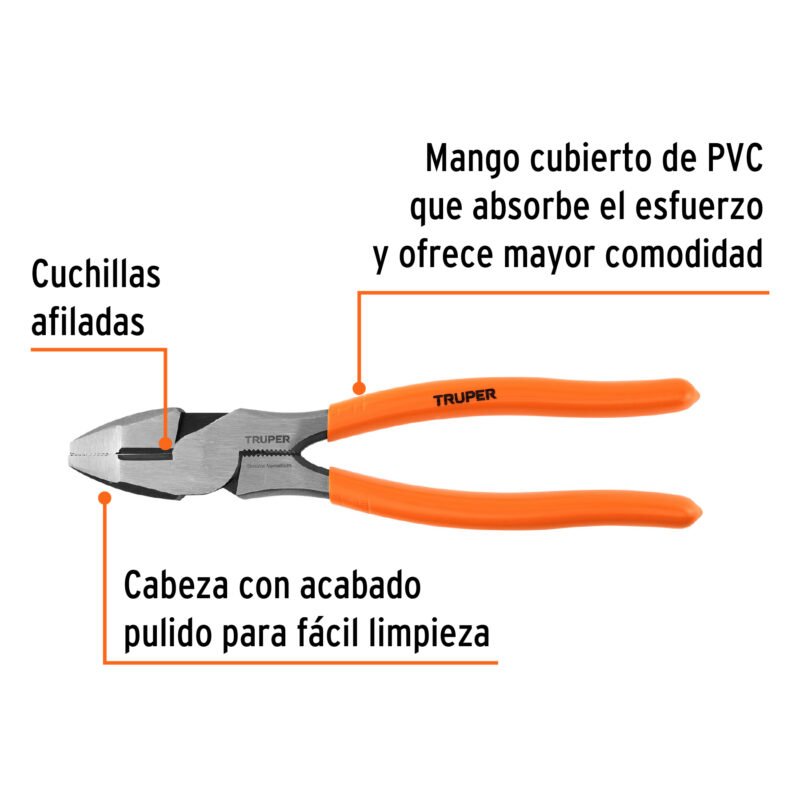 T210-8FC1.jpg Código: 100138 Pinza para electricista 8' alta palanca mango PVC, Truper T210-8