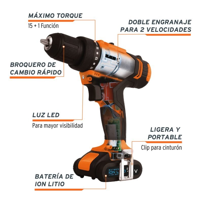 TALI-12A2FC1.jpg Código: 18153 Taladro 3/8', 12V, 1 batería 2Ah, PRO TALI-12A2