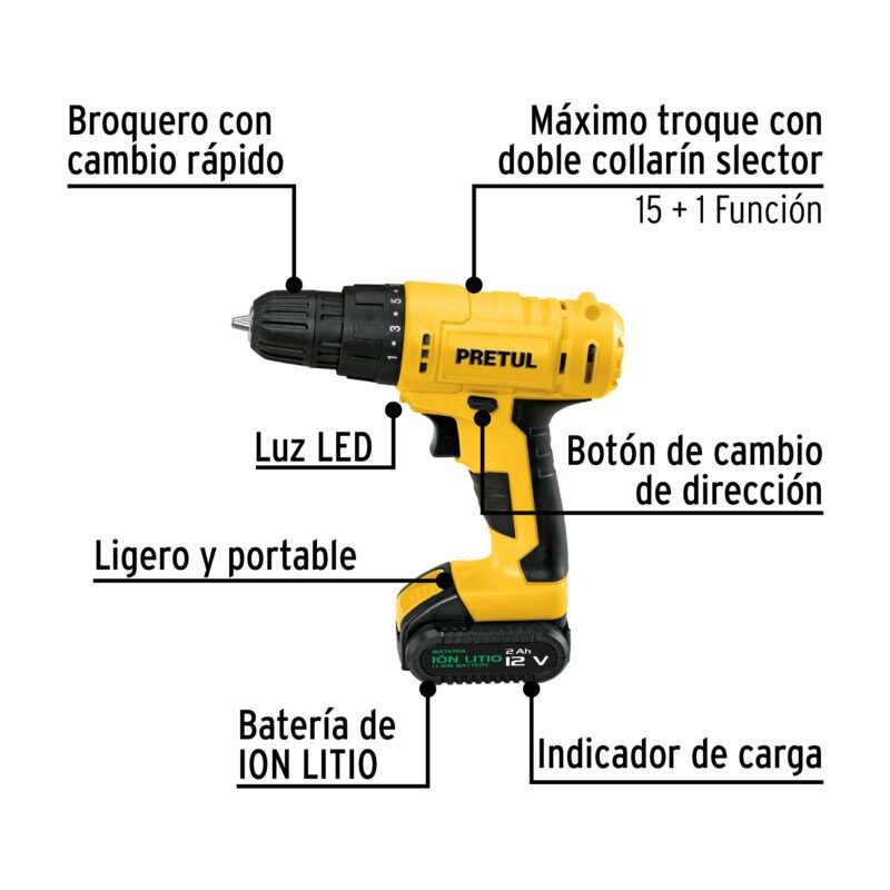 TALI-12PFC1.jpg Código: 29975 Taladro 3/8', 12V, 1 batería 2Ah, PRETUL TALI-12P