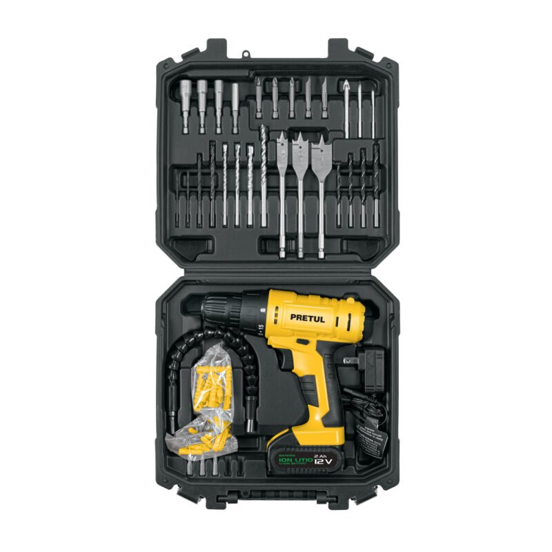 TALI-12PK2.jpg Código: 27120 Kit taladro 3/8', 12V, 33 accesorios, en estuche, PRETUL TALI-12PK2