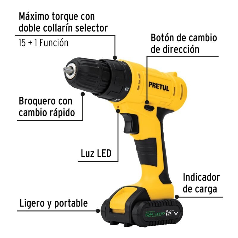 TALI-12PK2FC1.jpg Código: 27120 Kit taladro 3/8', 12V, 33 accesorios, en estuche, PRETUL TALI-12PK2