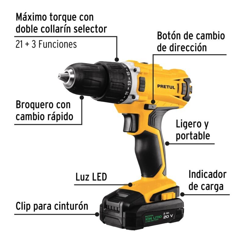 TALI-20P2FC1.jpg Código: 26118 Taladro 1/2', 20V, 1 batería 2Ah, PRETUL TALI-20P2