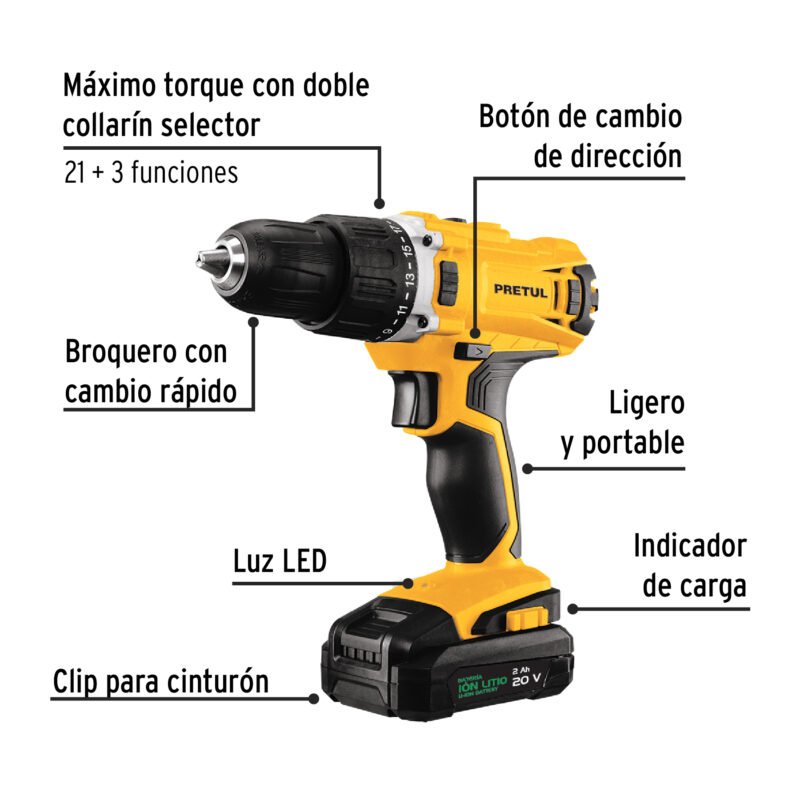 TALI-20P2KFC1.jpg Código: 29001 Kit taladro 1/2', 20V, 1 batería 2Ah, 32 accesorios, PRETUL TALI-20P2K