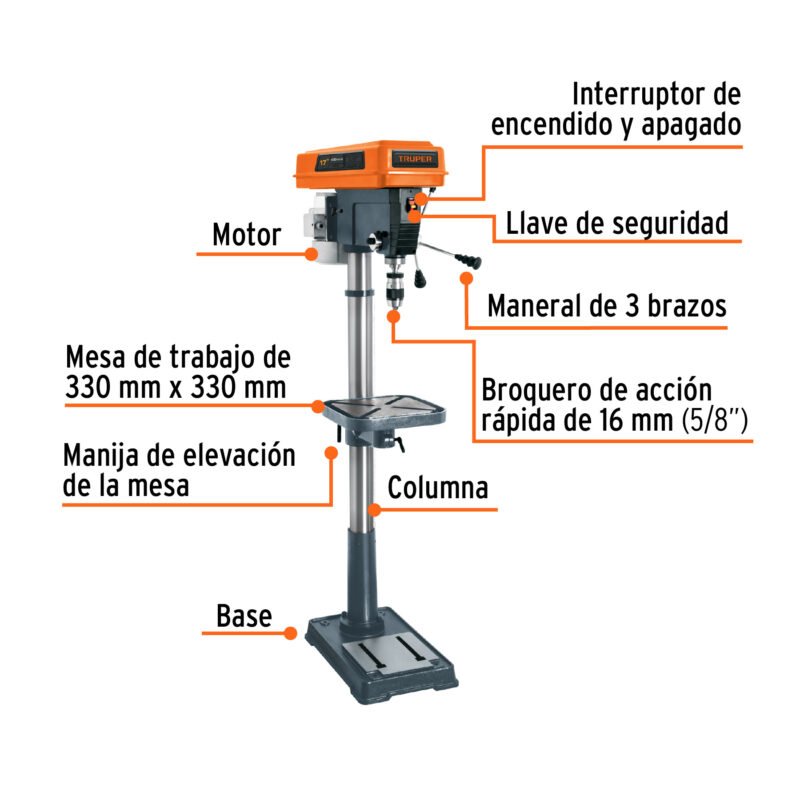 Código: 16182 Taladro de piso 17', 1-1/2 HP (1200 W), broquero 5/8',Truper TAPI-17