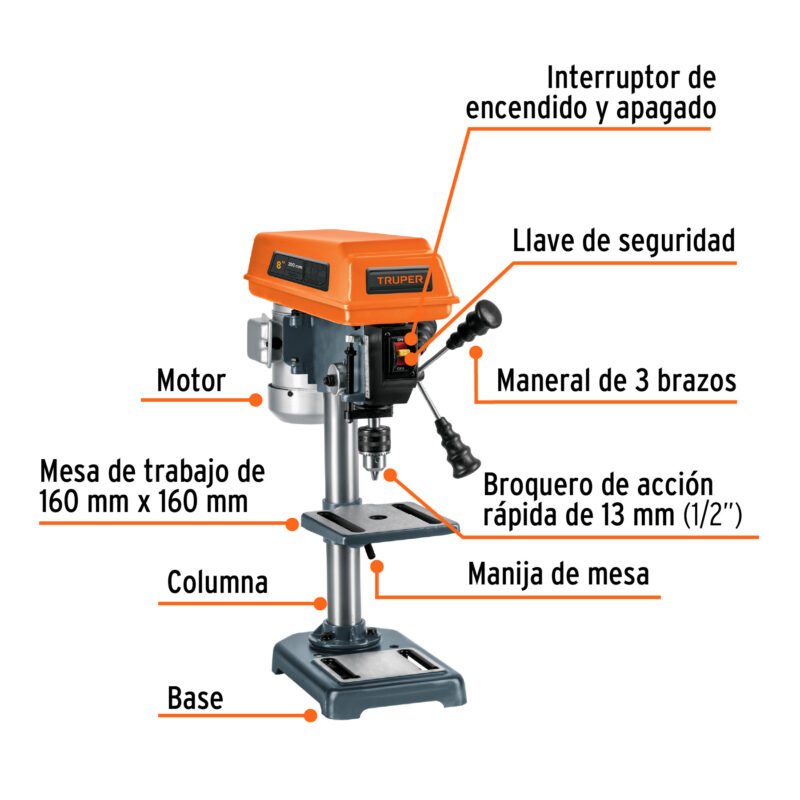 TAPI-8FC1.jpg Código: 16174 Taladro de piso 8', 1/3 HP (250 W), broquero 1/2', Truper TAPI-8