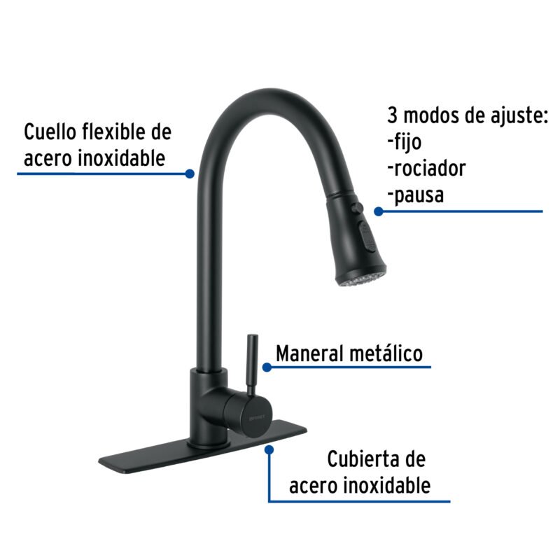 Código: 46770 Monomando para fregadero,cuello extraible,negro mate,Tubig TBF-84M