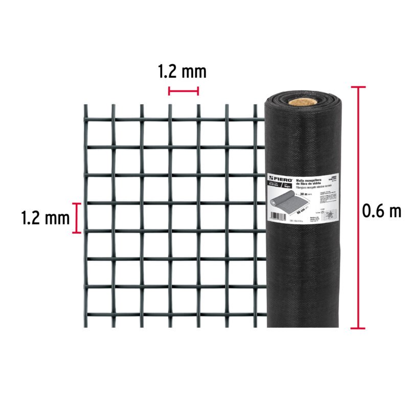 TEMO-06FNFC2.jpg Código: 44984 Rollo de 30 m x 0.6 m malla mosquitera fibra de vidrio negra TEMO-06FN