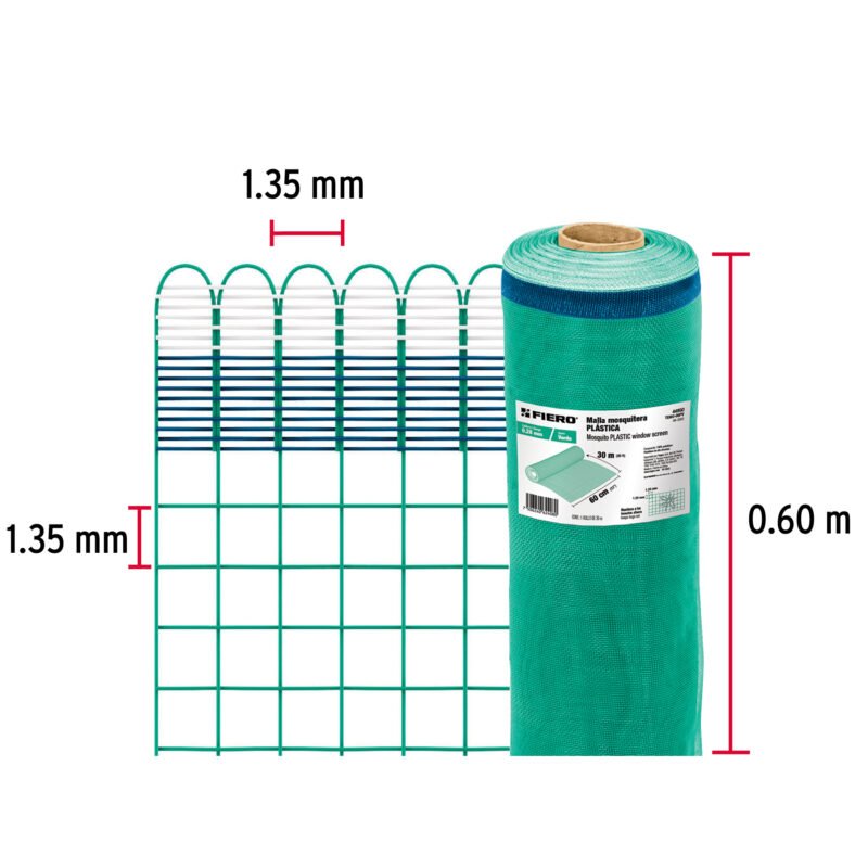 TEMO-06PVFC2.jpg Código: 44950 Rollo de 30 m x 0.6 m de malla mosquitera plástica verde TEMO-06PV