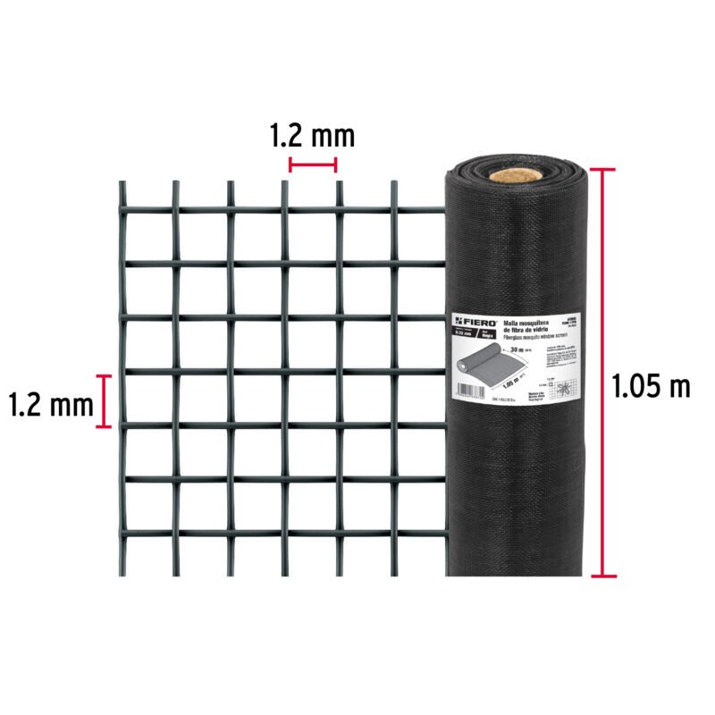 TEMO-10FNFC1.jpg Código: 44995 Rollo de 30 m x 1.05m malla mosquitera fibra de vidrio negra TEMO-10FN