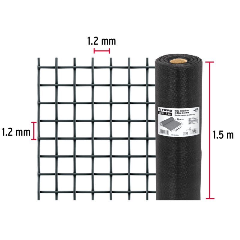 TEMO-15FNFC1.jpg Código: 44997 Rollo de 30 m x 1.5 m malla mosquitera fibra de vidrio negra TEMO-15FN