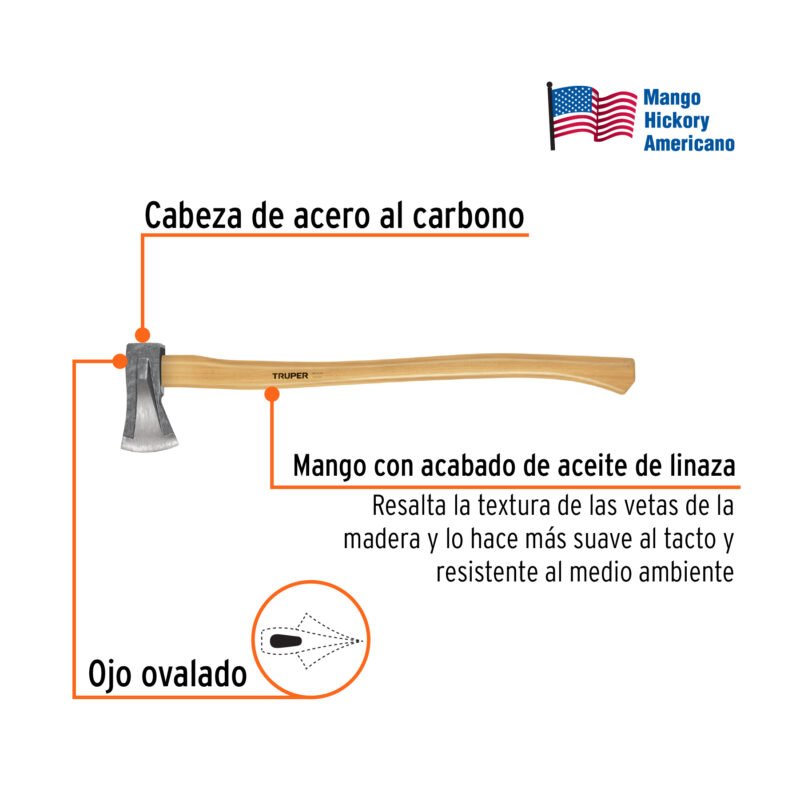 TJR-2.25MFC1.jpg Código: 102207 Hacha para rajar madera 2-1/4 lb, mango hickory 28', Truper TJR-2.25M