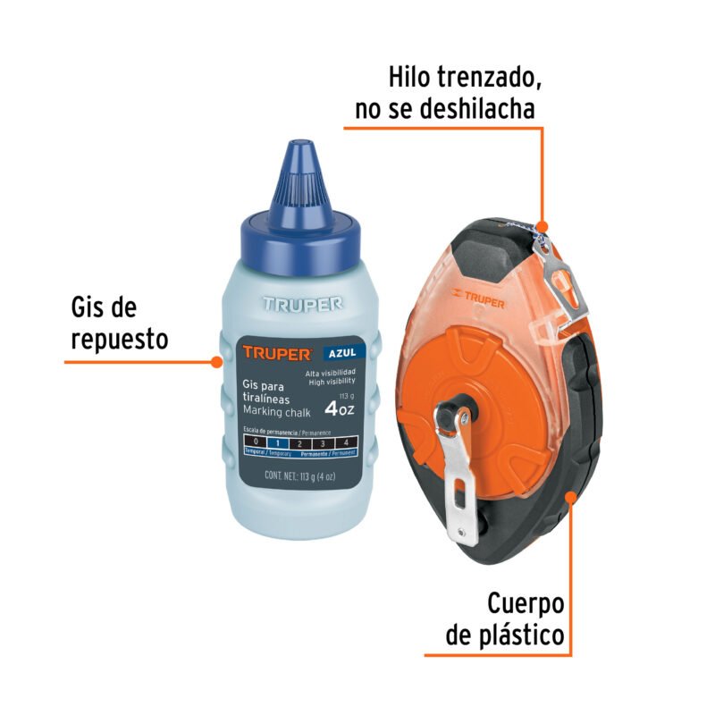 Código: 18575 Tiralíneas profesional plástico con gis, 30m(100 ft), Truper TL-100