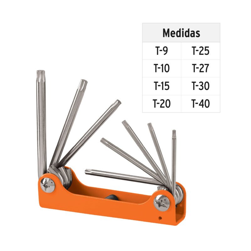 TORX-8FC2.jpg Código: 15569 Juego de 8 llaves torx tipo navaja, cuerpo de lámina, TRUPER TORX-8