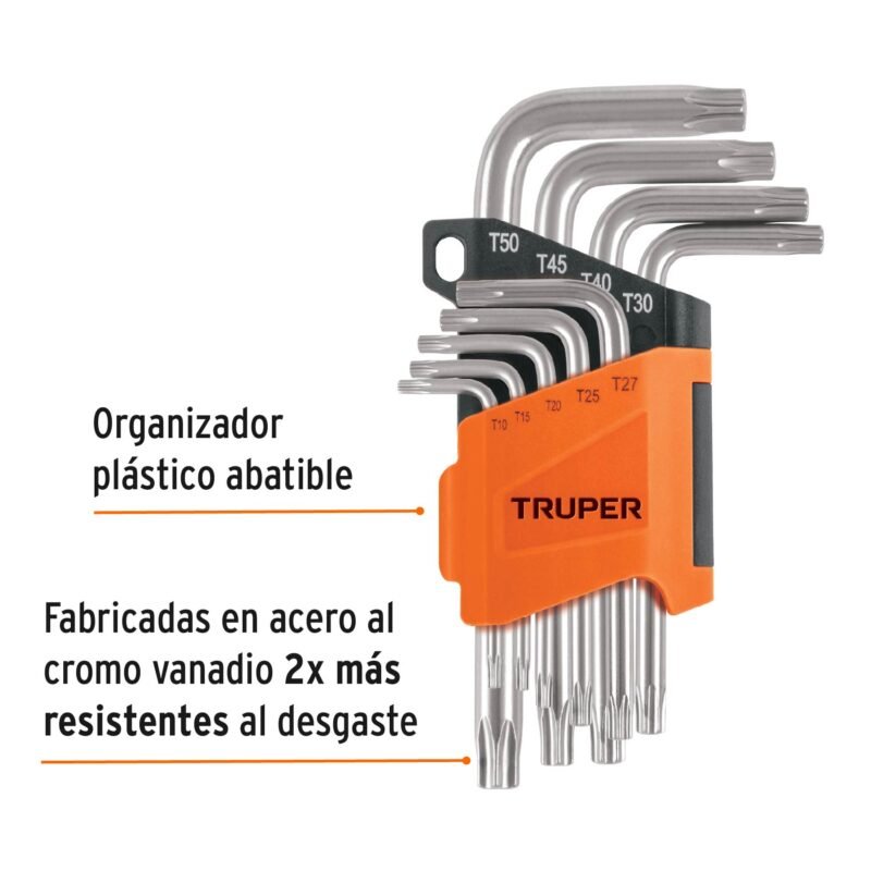 Código: 15554 Juego de 9 llaves torx con organizador abatible, TRUPER TORX-9