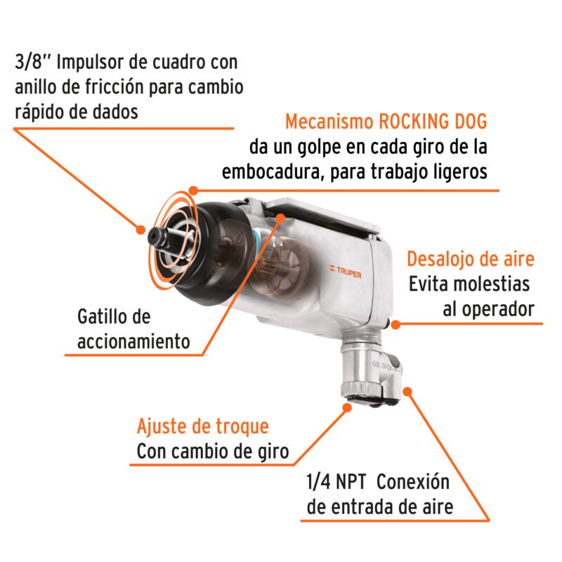 TPN-722-2FC1.jpg Código: 16885 Llave (pistola) de impacto neumática 3/8', TRUPER TPN-722-2