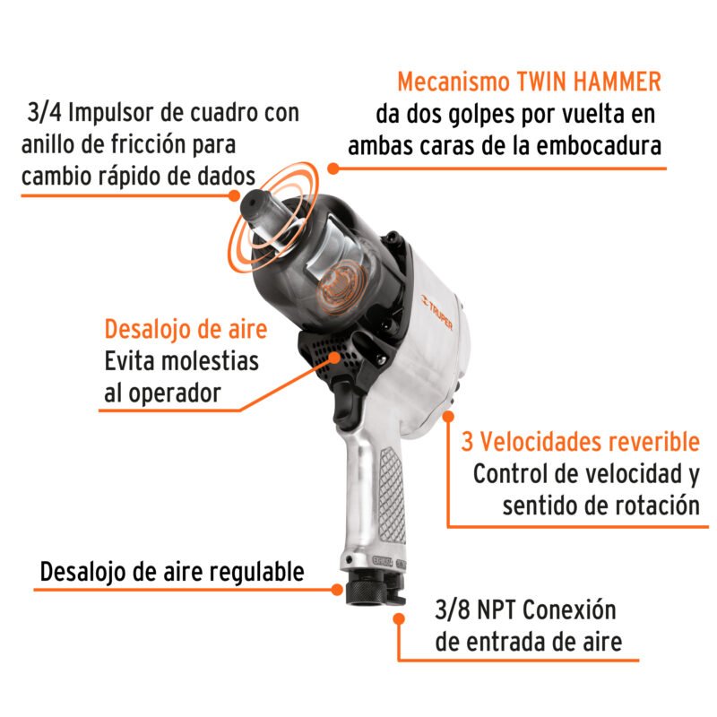 TPN-776X-2FC1.jpg Código: 16889 Llave (pistola) de impacto neumática 3/4', ind, TRUPER TPN-776X-2
