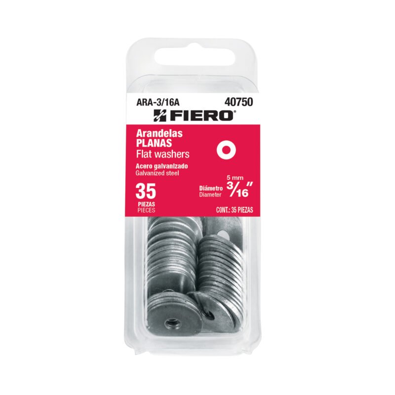 ARA-3-16A.jpg Código: 40750 Blíster con 35 arandelas planas de 3/16', Fiero ARA-3-16A