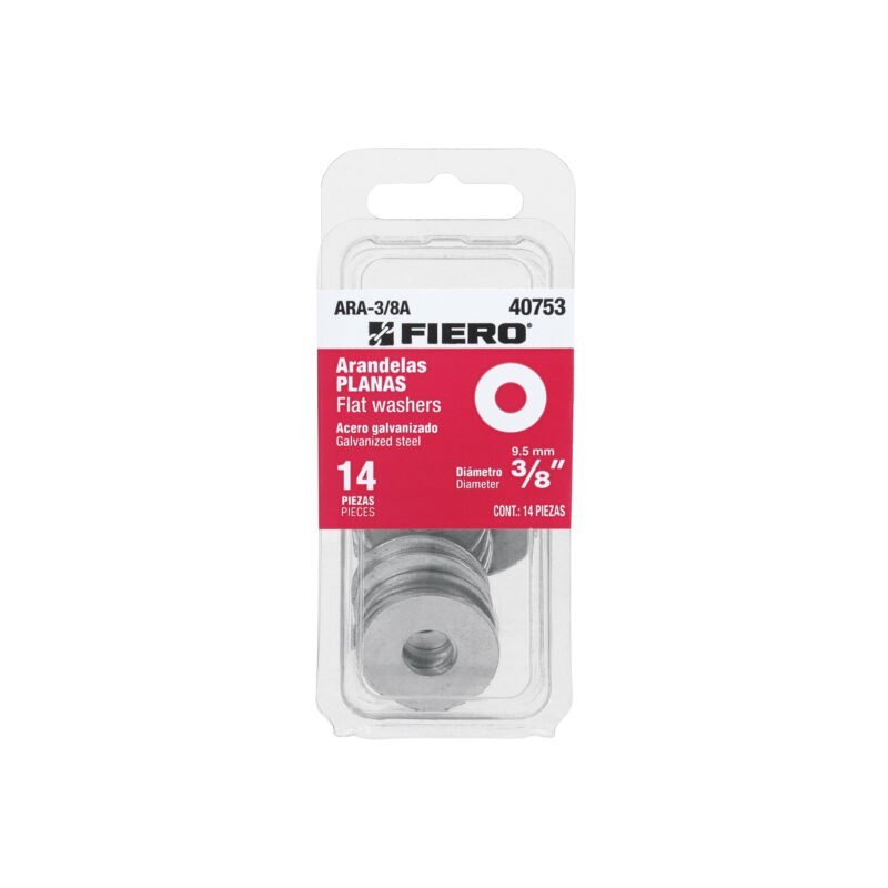 ARA-3-8A.jpg Código: 40753 Blíster con 14 arandelas planas de 3/8', Fiero ARA-3-8A