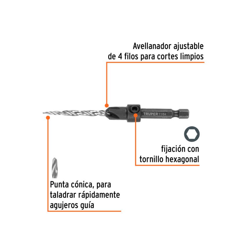 Código: 102376 Broca avellanadora #8 para madera, 11/64', TRUPER BAM-8