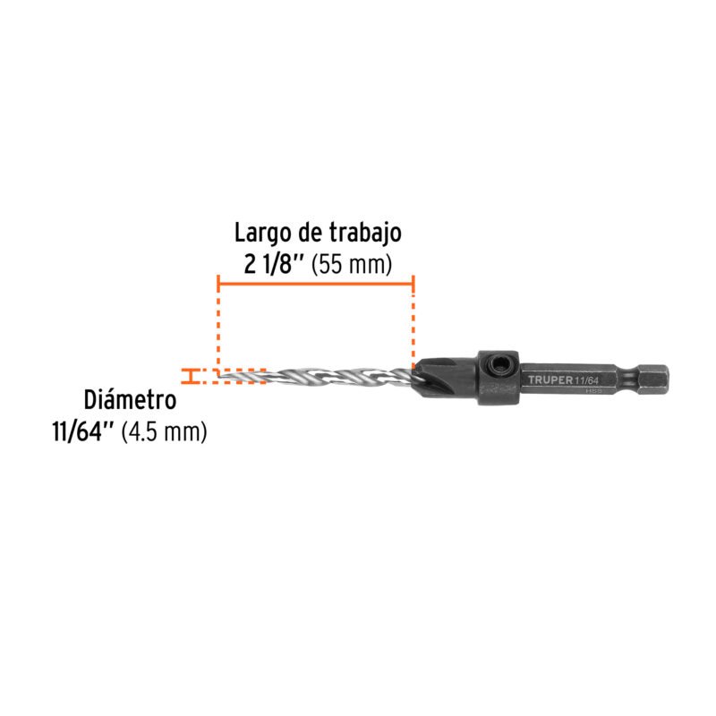 Código: 102376 Broca avellanadora #8 para madera, 11/64', TRUPER BAM-8