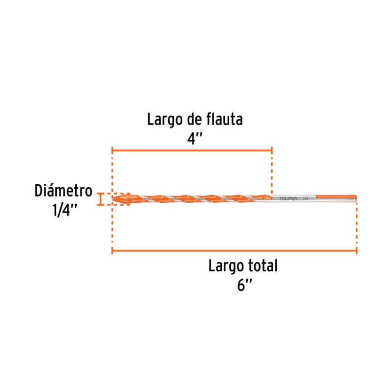 BMC-1-4X6FC2.jpg Código: 101806 Broca multimaterial 1/4 x 6', Truper BMC-1-4X6