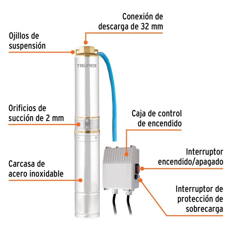 Código: 16933 Bomba sumergible tipo bala, 1/2HP, uso agrícola, TRUPER BOS-1-2LM2