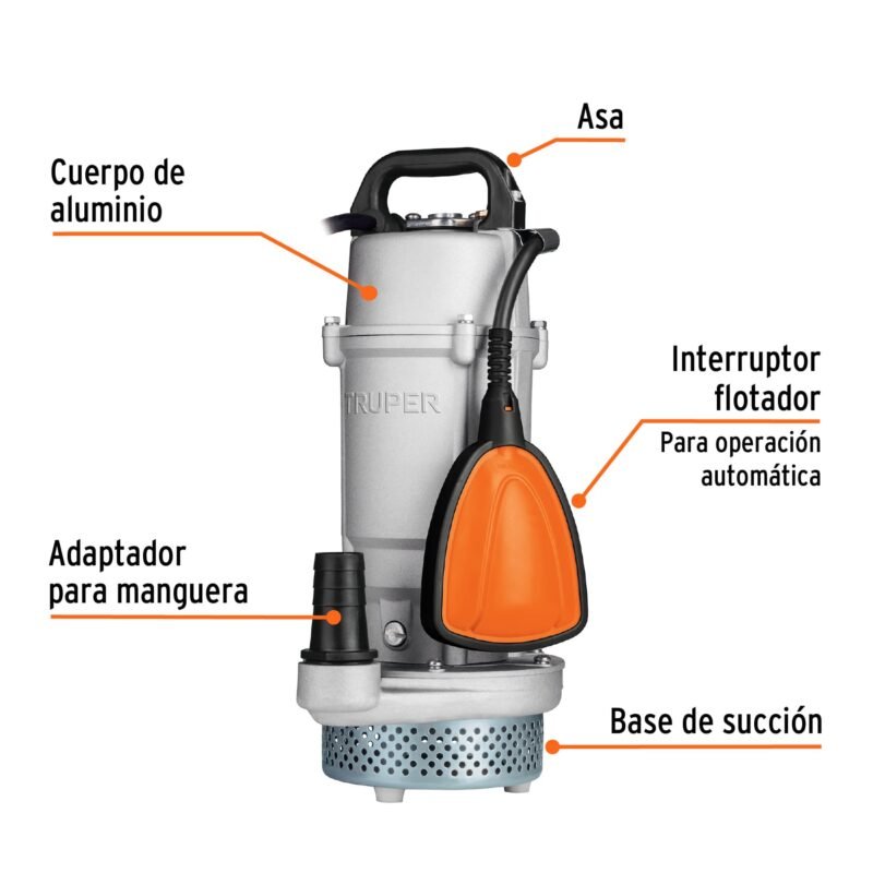 BOS-1-2LPXFC1.jpg Código: 15001 Bomba sumergible cubierta aluminio,agua limpia,1/2HP, TRUPER BOS-1-2LPX