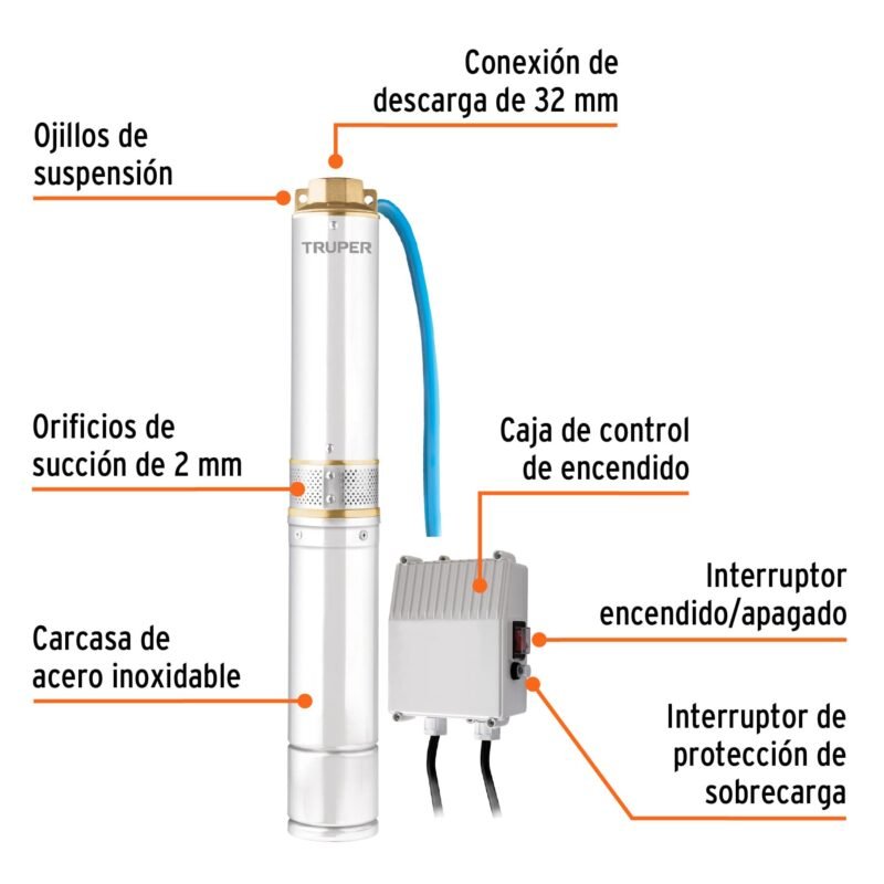 BOS-3-4LM2FC1.jpg Código: 16934 Bomba sumergible tipo bala, 3/4HP, uso agrícola, TRUPER BOS-3-4LM2