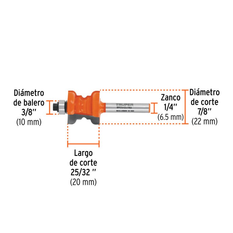 Código: 10677 Broca para router, collarin, 7/8' con balero, Truper BROU-CO-7-8X