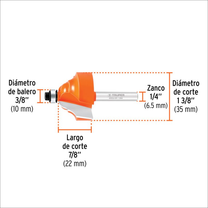 BROU-DR1-3-8XFC2.jpg Código: 11481 Broca para router, doble romana, 1-3/8' con balero, Truper BROU-DR1-3-8X