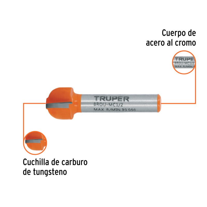 Código: 11462 Broca para router, media caña, 1/2', Truper BROU-MC1-2